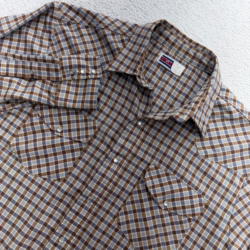 Big Mac Vintage Mens XL Tall Brown Blue Plaid Western Pearl Snap Shirt USA Made